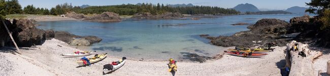 panorama shell beach from base camp kayaking on Spring Island, Kyuquot area
